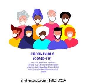 Coronavirus Epidemic Quarantine.Novel COVID 2019-nCoV.Crowd Different People Population, African Young and Old, Pensioners Man, Women in Medical Face Masken. Desinfektionsmaßnahmen.Flat-Vektorillustration-Abbildung