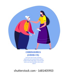 Coronavirus Epidemic Quarantine.Novel COVID 2019-nCoV.Young Woman,Daughter or Grandchild Sanitize Hands for Old Grandmother.Pensioner in Medical Face Mask Disinfection Measure.Flat Vector illustration