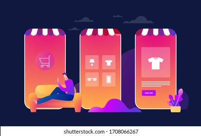 Coronavirus Epidemic Quarantine.Young Man Shop Online.Consumerism on Smartphone Mobile App. Buy at Home. Survive COVID 19. Flat vector illustration