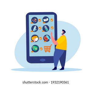 Coronavirus Epidemic Quarantine.Young Man Shop Online.Consumerism on Smartphone Mobile App.Buy at Home,Purchase Medical Face Mask,Antiseptic,Disinfector,Food.Survive COVID 19. Flat vector illustration