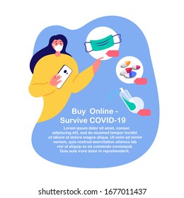 Coronavirus Epidemic Quarantine.Young Woman Shopping Online.Sale, Consumerism on Smartphone Mobile App.Buy at Home Medical Face Mask, Antiseptic,Disinfecting.Survive COVID 19. Flat vector illustration