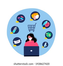 Coronavirus Epidemic Quarantine.Young Woman Shopping Online.Sale, Consumerism on Smartphone Mobile App.Buy at Home Medical Face Mask, Antiseptic,Disinfecting.Survive COVID 19. Flat vector illustration