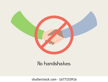 Coronavirus epidemic, safe greeting concept. Handshake and stop sign, with text, isolated. Hand drawn vector illustration. Poster, flyer. Flat style design. Covid-19 protection, prevention information