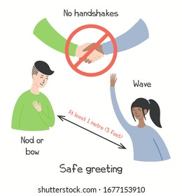 Coronavirus epidemic, safe greeting, social distance concept. No handshakes, man, woman, isolated. Hand drawn vector illustration. Poster, flyer. Flat style design. Covid-19 protection prevention