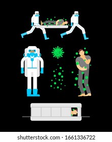 Coronavirus epidemic set. Doctor in protective suits against virus.. Man and virus molecules. Flying bacteria around patient. 2019-nCoV Virus epidemic. Biological Protection Suit 

