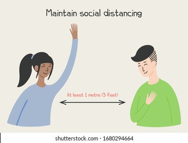 Coronavirus epidemic, social distance concept. Man, woman waving, bowing, text, isolated. Hand drawn vector illustration. Poster, flyer. Flat style design. Covid-19 protection prevention information