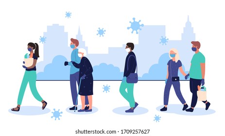 Coronavirus epidemic in urban city. People characters wearing protective face masks walking on street in city vector illustration. Prevent corona virus disease covid-19 spread vector illustration