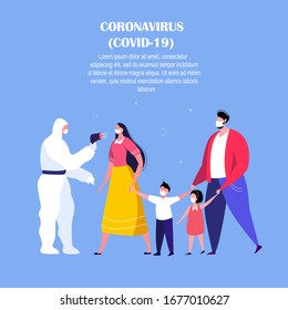 Coronavirus Epidemic Warning.Novel COVID 2019,Family Parents,Children in Medical Face Mask do Analysis on Quarantine.Man in Protective Suit with Test Safety Facility,Equipment.Flat Vector illustration