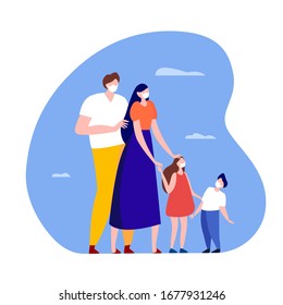 Coronavirus Epidemic Warning.Novel COVID 2019,Family Man,Woman Parents,Children,Son,Daugher in Medical Face Mask Walking Together on Prevention Quarantine.Disinfection Measure.Flat Vector illustration