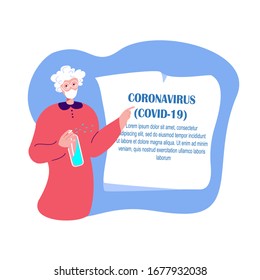 Coronavirus Epidemic Warning.Novel COVID 2019,Old Pensioner Elder Woman In Medical Face Mask With Antiseptic Sanitize Hands Disinfector.Prevention Measure Advice On Quarantine.Flat Vector Illustration