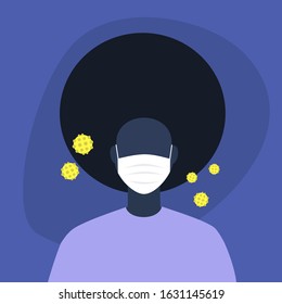 Coronavirus epidemic, young black female character wearing a protective mask, healthcare