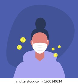 Coronavirus epidemic, young female character wearing a protective mask, healthcare