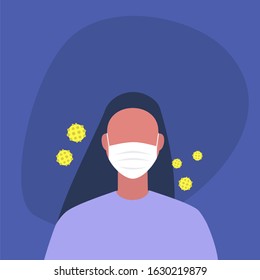 Coronavirus epidemic, young female character wearing a protective mask, healthcare