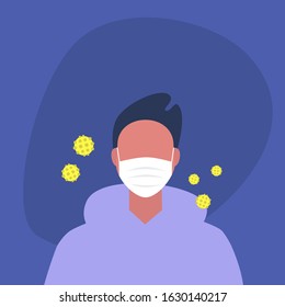 Coronavirus epidemic, young male character wearing a protective mask, healthcare