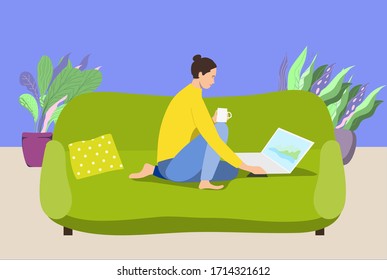 Coronavirus epidemic.A girl sitting on the sofa works on the laptop.Vector illustration. 