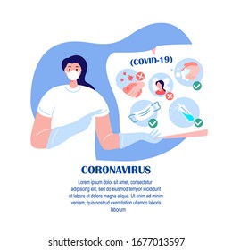 Coronavirus Epidemic.Novel COVID 2019-nCoV,Doctor Woman in Medical Face Mask Showing Prevention Measures Advice on Quarantine.Antiseptic,Disinfecting,Vitamins,Medicines,Drugs. Flat Vector illustration