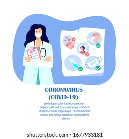 Coronavirus Epidemic.Novel COVID 2019-nCoV,Doctor Woman in Medical Face Mask, Tests.Prevention Measures Advice on Quarantine. Antiseptic,Disinfecting,Vitamins,Medicines,Drugs. Flat Vector illustration