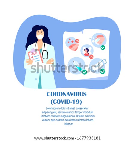 Coronavirus Epidemic.Novel COVID 2019-nCoV,Doctor Woman in Medical Face Mask, Tests.Prevention Measures Advice on Quarantine. Antiseptic,Disinfecting,Vitamins,Medicines,Drugs. Flat Vector illustration