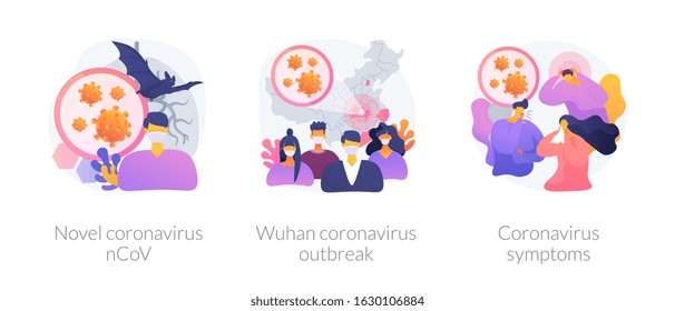 Coronavirus epidemy outbreak abstract concept vector illustration set. Novel coronavirus 2019 nCoV, Wuhan coronavirus outbreak, respiratory infection, viral pneumonia symptoms abstract metaphor.