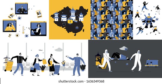 Coronavirus epidemy outbreak abstract concept vector illustration set.Vector flat illustration.Novel coronavirus 2019 nCoV,respiratory infection, viral pneumonia symptoms abstract metaphor.