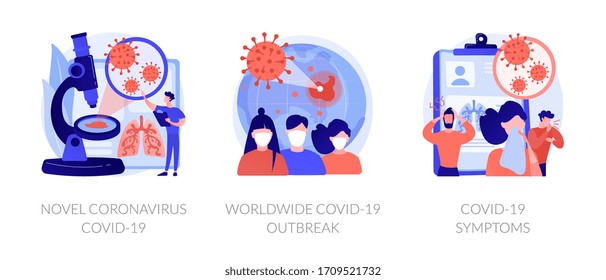 Coronavirus epidemy outbreak abstract concept vector illustration set. Novel coronavirus, covid19, world pandemic, virus spread respiratory infection, viral pneumonia symptoms abstract metaphor.