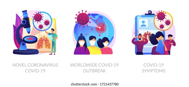 Coronavirus epidemy outbreak abstract concept vector illustration set. Novel coronavirus, covid19, world pandemic, virus spread respiratory infection, viral pneumonia symptoms abstract metaphor.