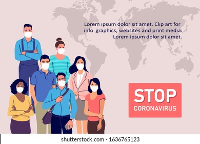 Coronavirus epidemy outbreak concept. People in protective medical face masks. Vector illustration.