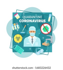 Coronavirus epidemy quarantine medical prevention. 14 days quaratine method after infection of virus, doctor in protective mask, tests and analyzes, hands hygiene and safety glasses. Vector poster