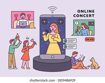 Coronavirus era. Singers are doing concerts online and people are watching them on mobile. flat design style minimal vector illustration.