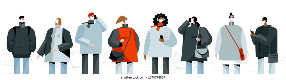 Coronavirus in Europe. Novel coronavirus 2019-nCoV, people of different races in a white medical face masks. Concept of quarantine vector illustration EPS 10 isolated on white