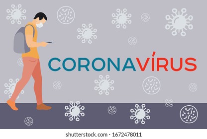  Coronavirus in Europa. Coronavirus in Portugal. Corona-Virus in China. Novel corona virus 2019-nCoV, Mensch in weißer medizinischer Gesichtsmaske. Der Typ geht durch eine europäische Stadt.