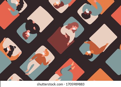 Coronavirus in Europe. Seamless pattern. Сovid-19, people in white medical face mask lie in the beds. Quarantine vector illustration. 