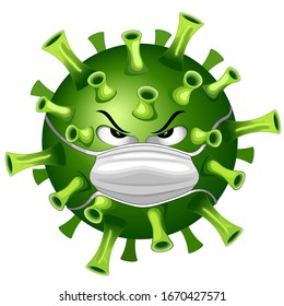Coronavirus Evil Virus Cartoon Character with Face Mask against Covid-19 Vector illustration isolated on white. 