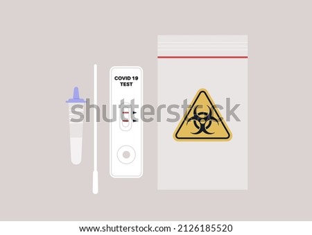 A coronavirus express PCR test, a dropper bottle, a cotton swab, a plastic white cassette with red stripe indicators of the virus presence, a plastic zip bag with a yellow triangle biohazard logo
