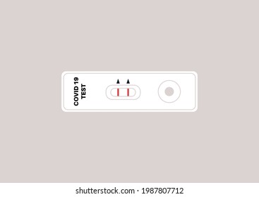 A coronavirus express pcr test plastic white cassette with red stripe indicators of the virus presence