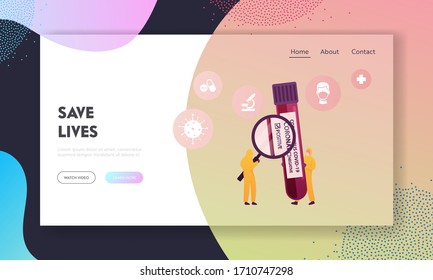Coronavirus Express Test Landing Page Template. Doctors Character in Protective Suits with Huge Sampling Flask to Determine Presence of Contagious Disease Infection. Cartoon People Vector Illustration