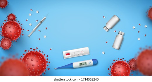 Coronavirus Express Testing banner with blank space for your creativity. Covid-19 rapid test, 3d red virus cells and thermometer on blue background. Coronavirus disease, Vector illustration design