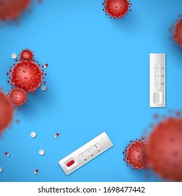 Coronavirus Express Testing card with blank space for your creativity. Covid-19 rapid tests and 3d red virus cells on blue background. Coronavirus disease 2019, Vector illustration design