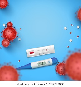 Coronavirus Express Testing Card mit Leerzeichen für Ihre Kreativität. Covid-19 Schnelltest, 3D-rote Viruszellen und Thermometer auf blauem Hintergrund. Coronavirus disease 2019, Vektorillustration Illustration Design