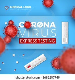 Tarjeta de prueba Coronavirus Express. Covid-19 pruebas rápidas y 3d células de virus rojos sobre fondo azul. Enfermedad de Coronavirus 2019, Diseño de la ilustración vectorial del análisis de sangre.