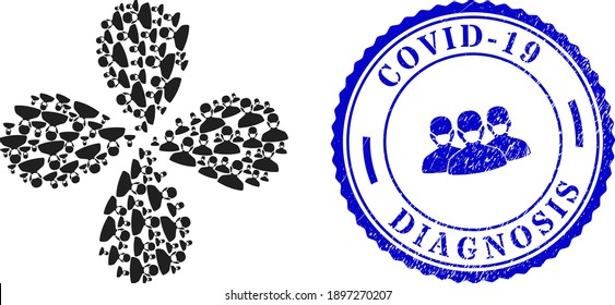 Coronavirus face mask explosion abstract flower, and blue round COVID-19 DIAGNOSIS dirty seal with icon inside. Element flower with 4 petals composed from oriented coronavirus face mask items.