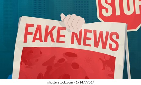 Coronavirus Fake News: Treatments, Misinformation And Conspiracy Theories. Unreliable And False Information Spreading Around The World. Debunking, Hoax, Junk News Concept. COVID-19 Vector Illustration