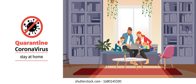Coronavirus. Family at home with tutor or parent getting education at home during coronavirus self quarantine. Family conversation via video conference. Home schooling concept. Vector illustration