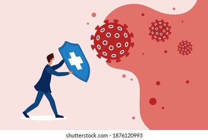 Coronavirus fight concept vector illustration. Cartoon man character in protective mask holding shield fighting corona virus covid19, protecting and shielding health from viral pathogens background