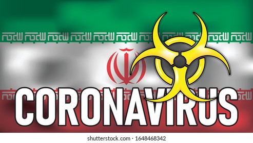 Lucha contra el coronavirus en Irán ilustración conceptual de la industria médica - signo de riesgo biológico en el fondo de la bandera
