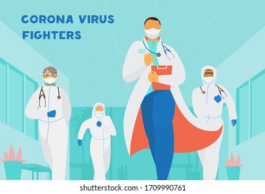 Combatientes del Coronavirus. Diferentes razas con máscaras y ropa protectora en el hospital. Concepto de héroes contemporáneos. Ilustración vectorial plana.