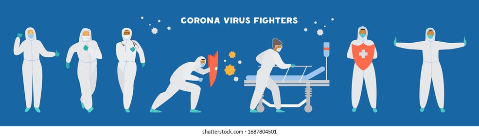 Combatientes del Coronavirus. Conjunto de médicos en puestos protectores, máscaras, gafas y guantes en diferentes poses, con escudo y cama médica. Ilustración vectorial plana.