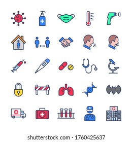 Coronavirus füllte Umrisssymbol gesetzt für Infografik oder Website - Symptome, Übertragung, Prävention, Behandlung. Novel Coronavirus 2019-nCoV. Covid19, 2019 und 2020 Epidemie