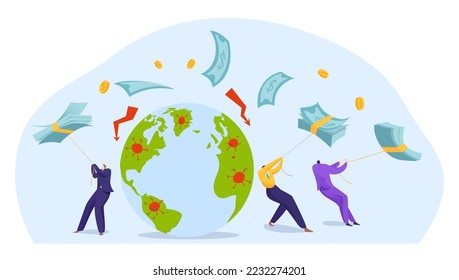 Coronavirus finance crisis, concept businessman lose money cash dollar, world covid pandemic flat vector illustration, isolated on white.
