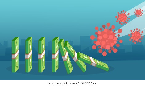 Coronavirus financial impact on world economy concept. Vector of COVID-19 virus pathogen creating  domino effect and finance crisis.